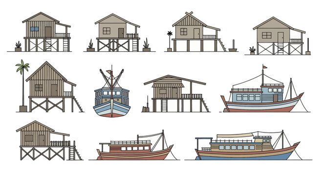 Set of traditional stilt houses and fishing boats vector illustrations Southeast Asian coastal village architecture and water transport collection.