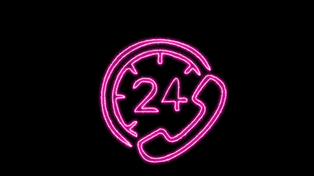 Twenty four hour service telephone icon with neon glow effect isolated on black background, representing continuous support and availability