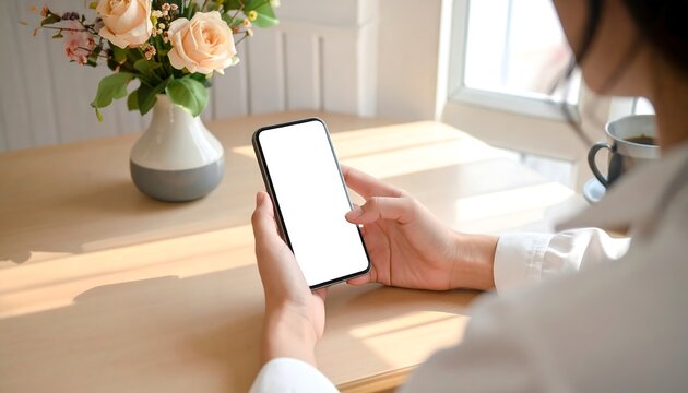 Woman holding a smartphone with a blank screen, perfect for app mockups - Powered by Adobe