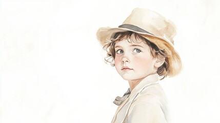 Detailed Watercolor of a Youthful Boy in Vintage 1920s Attire