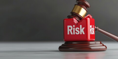 legal lawyer risk management concept Risk block and gavel symbolizing legal decision-making and consequences.