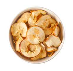 Dried apple chips in white bowl transparent background