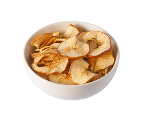 Dried apple slices in white bowl, healthy snack