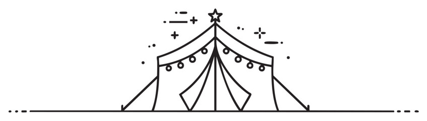 Black outline icon of a decorative circus tent with a star on top and string lights, symbolizing festivities and entertainment.