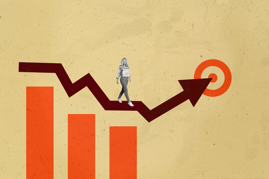 Collage with person observing rising arrow symbolizing startup growth business income statistics trading decrease increase