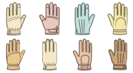 Fototapeta premium Collection of eight illustrated gloves in various vintage styles and colors.
