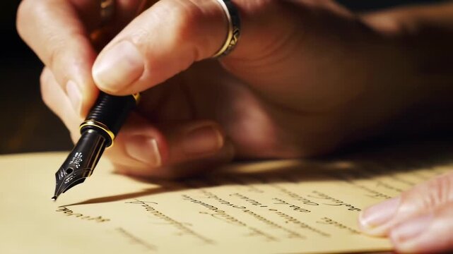 Person uses fountain pen to write on paper, script details on a light brown surface; for creative writing use