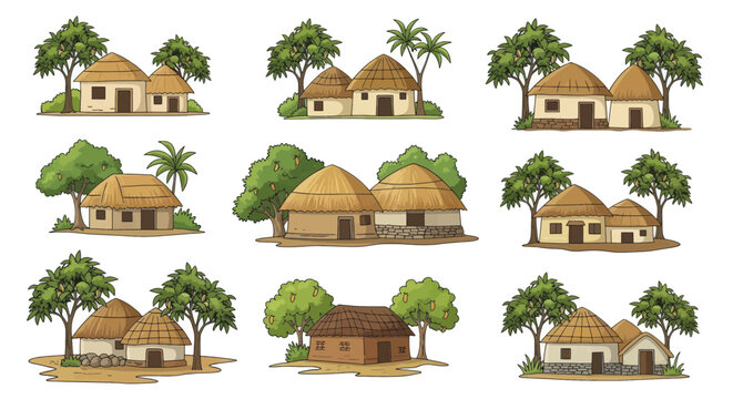 Set of traditional rural village huts with trees.