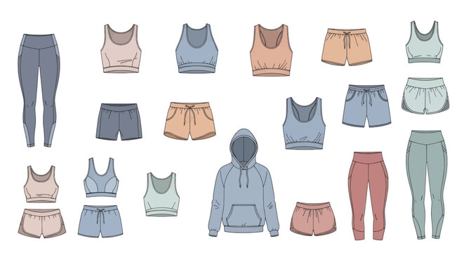 Technical fashion illustration set of womens sportswear including leggings shorts sports bras and a hoodie.