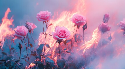 Fiery Pink Roses Blooming in Lush Garden Under Soft Pastel Skies