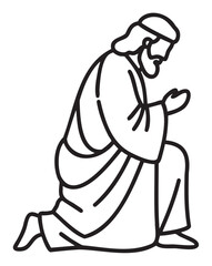 Fototapeta premium Black outline vector of a kneeling male figure in traditional robes with hands raised, depicting a moment of prayer.