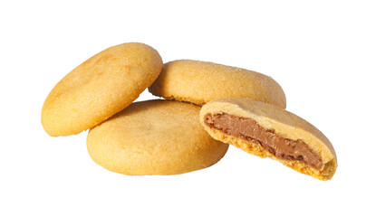 Filled cookies with chocolate cream filling isolated