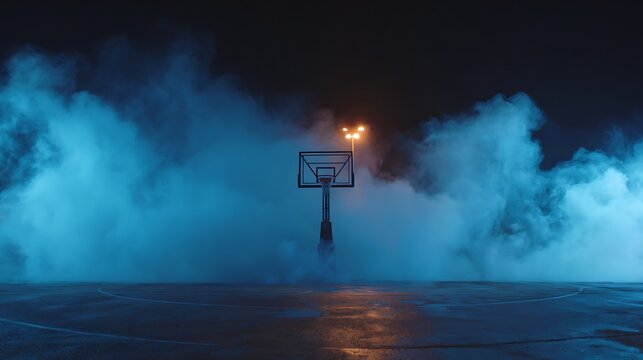 Nice photo of basketball hoop surrounded by blue smoke at night, creating a mysterious scene.