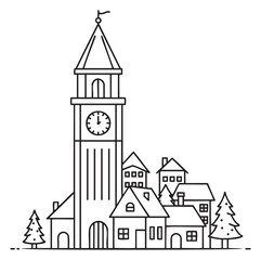 Naklejka premium Black outline of a clock tower surrounded by quaint small houses and evergreen trees, portraying a tranquil village scene.