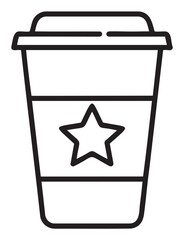 Black outline icon of a disposable coffee cup with a star design on the sleeve, representing takeaway beverages and caf&eacute; culture.