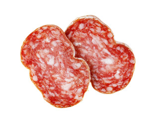 Salami slices showing cured pork meat on transparent background