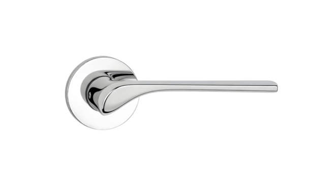 Modern polished metal door handle lever, isolated on white, showcasing a sleek, minimalist design. This elegant hardware piece offers effortless access for contemporary architectural interiors