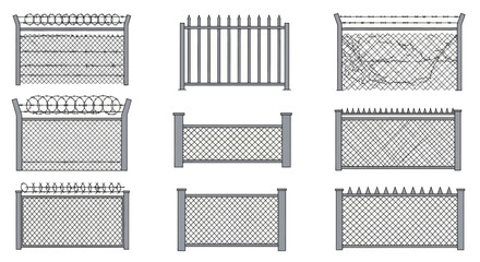 Collection of various security fences including barbed wire razor wire and chain link designs.