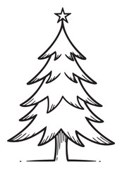 Fototapeta premium Black outline drawing of a christmas tree with a star on top, featuring simple and stylized branches.