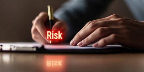 legal lawyer risk management concept A hand writing the word "Risk" on a notepad, emphasizing caution.