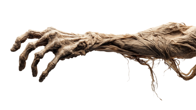 Close-up of a gnarled, weathered tree root with intricate skeletal hand-like structure on transparent background