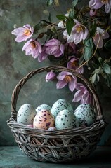 Colorful Easter Eggs in Woven Basket with Pastel Flowers Background