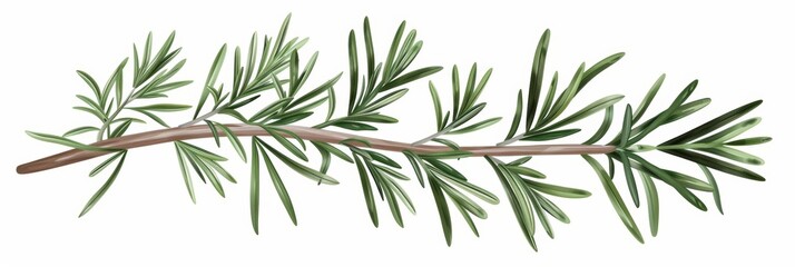 Fresh Green Rosemary Sprig with Delicate Leaves Isolated Against Plain White Background for Culinary Applications