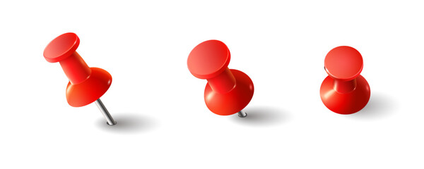 Red push pin set isolated on white background for office and school supplies design