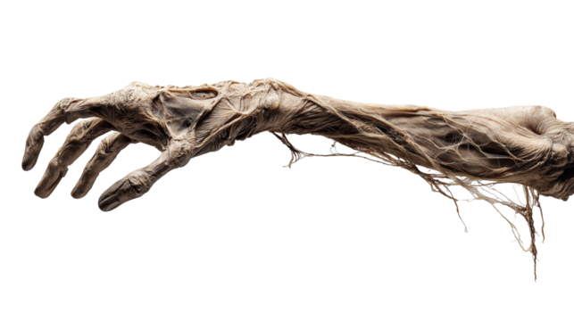 Close-up of a skeletal hand with pronounced bones and tendons on transparent background