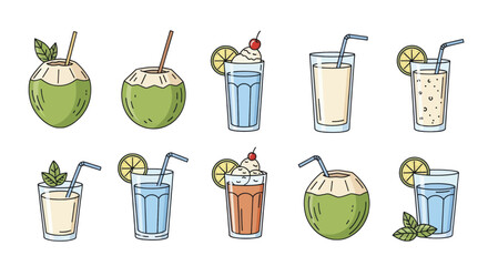 Set of cartoon summer drinks and tropical cocktails Vector illustration of coconut water lemonade and other refreshing beverages isolated on white background.