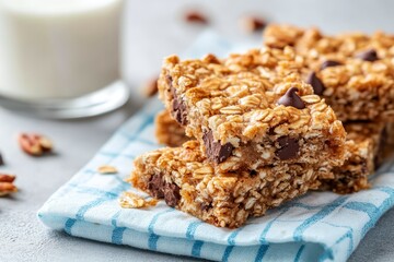 Homemade Cereal Bars Featuring Oats Nuts and Chocolate Chips on Light Blue Checkered Kitchen Linen