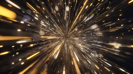Abstract hyper speed jump in space with golden light streaks, creating a mesmerizing and dynamic visual experience