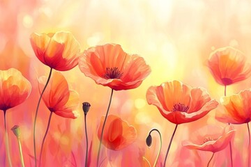 Close-Up Detail of a Vibrant Blooming Poppy Flower Surrounded by Expansive Vast Poppy Field Landscape