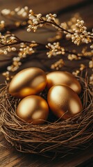 Golden Easter Eggs in Nest on Wooden Table with Willow Branches and Festive Background