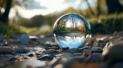 Reflection of Vibrant Natural Landscape in Clear Glass Sphere on Uneven Rocky Terrain