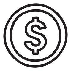 Obraz premium Black outline icon of a circular coin with a dollar symbol in the center, enclosed by concentric rings.