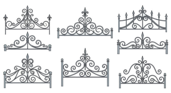 Set of classic decorative wrought iron fence tops and headboards.