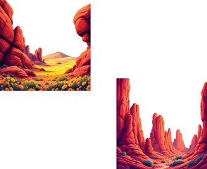 Vsai desert canyon landscape with red rock formations and sunflowers