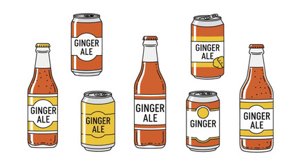 Set of Ginger Ale Soda in Cans and Glass Bottles.
