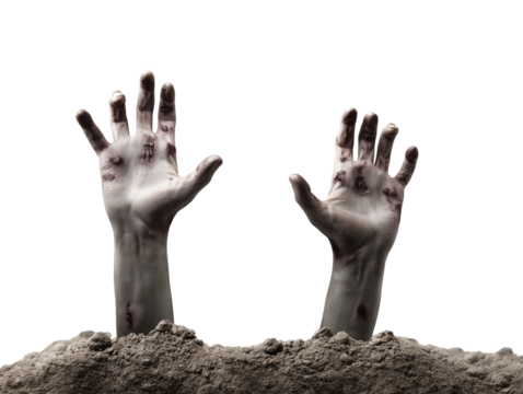 Close-up of two hands emerging from disturbed earth on transparent background