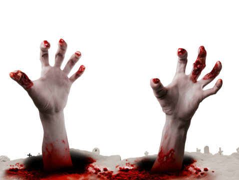 Two skeletal hands emerging from a dark blood-like substance on transparent background