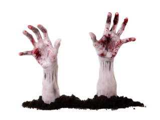 Two decaying hands emerging from dark soil on transparent background