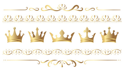 ゴールドクラウンと装飾ラインのイラストセット｜高級感のある王冠と華やかなフレームデザイン（ベクター）