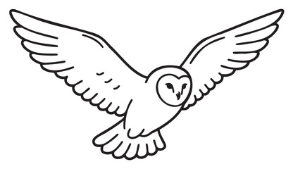 Obraz premium Black outline of a barn owl in flight with widespread wings, showing detailed feather patterns and a heart-shaped face.