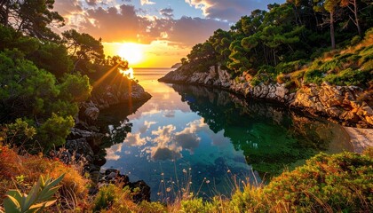 Naklejka premium A serene sunset over a tranquil cove, reflecting vibrant colors and surrounded by lush greenery and rocky cliffs.