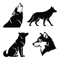 Silhouette wolf pack collection depicting howling standing sitting and head profile poses art silhouette