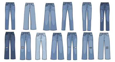 Set of various womens blue denim jeans models.