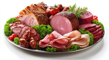 A platter of various cured meats, sausages, and garnishes on a metallic plate, white background