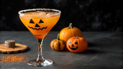 Halloween cocktail with Jack olantern face dark background with empty space for text