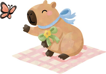 Cute Capybara with Butterfly, Watercolor Animal Clipart